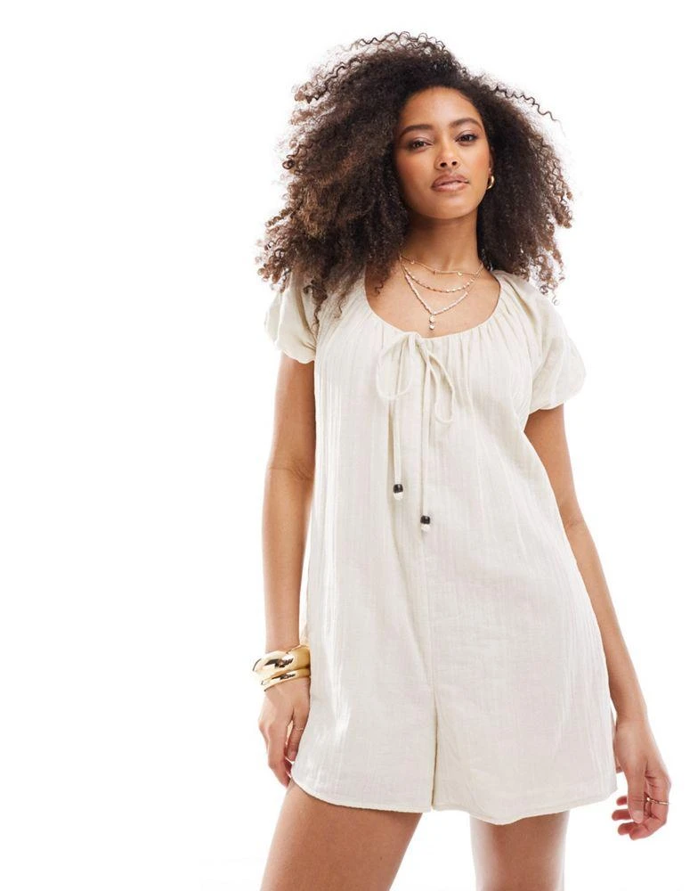 ASOS ASOS DESIGN short sleeve romper playsuit with bead detailing in beige 1