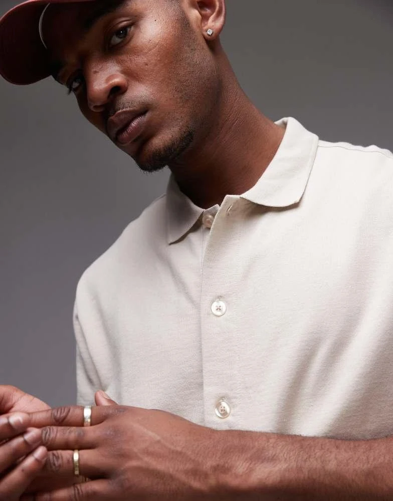 Topman Topman boxy fit button through jersey shirt in stone 4