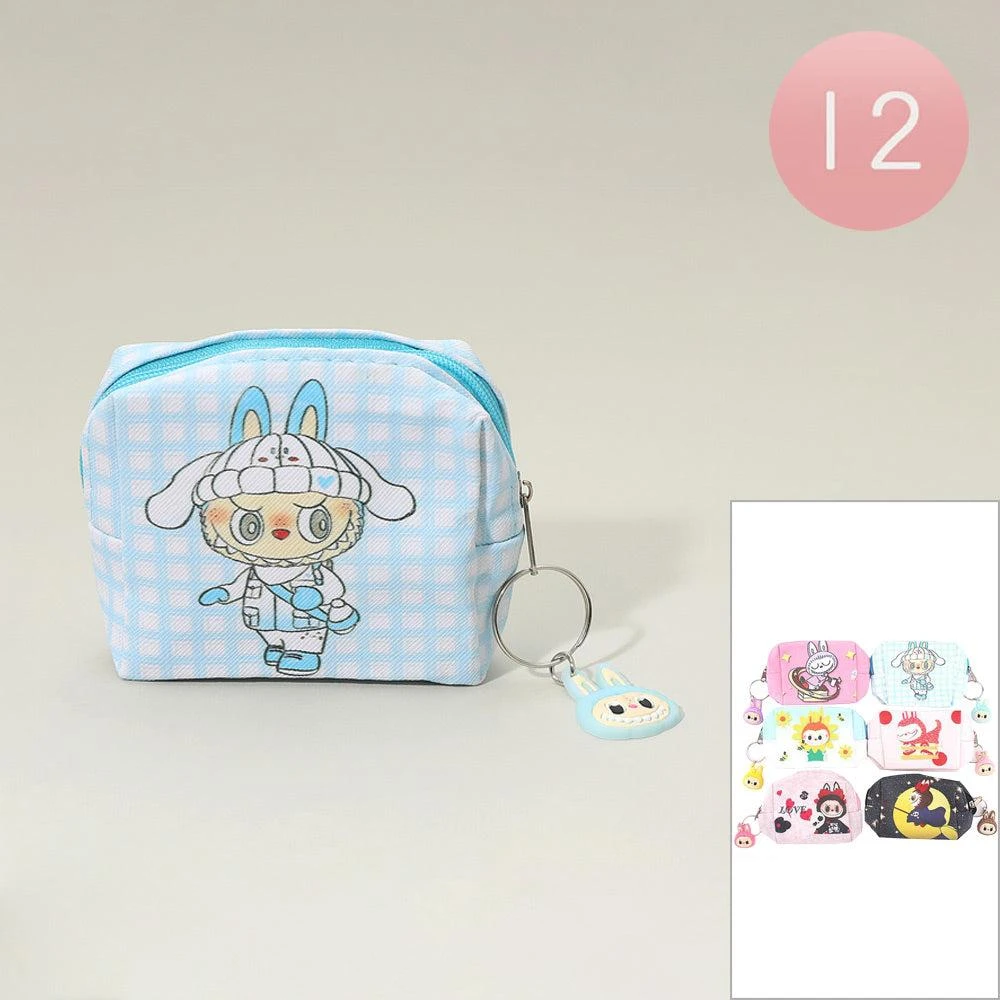 FASHNZFAB 12PCS - Cute Monster Bunny Character Printed Keychain Mini Pouch Bags