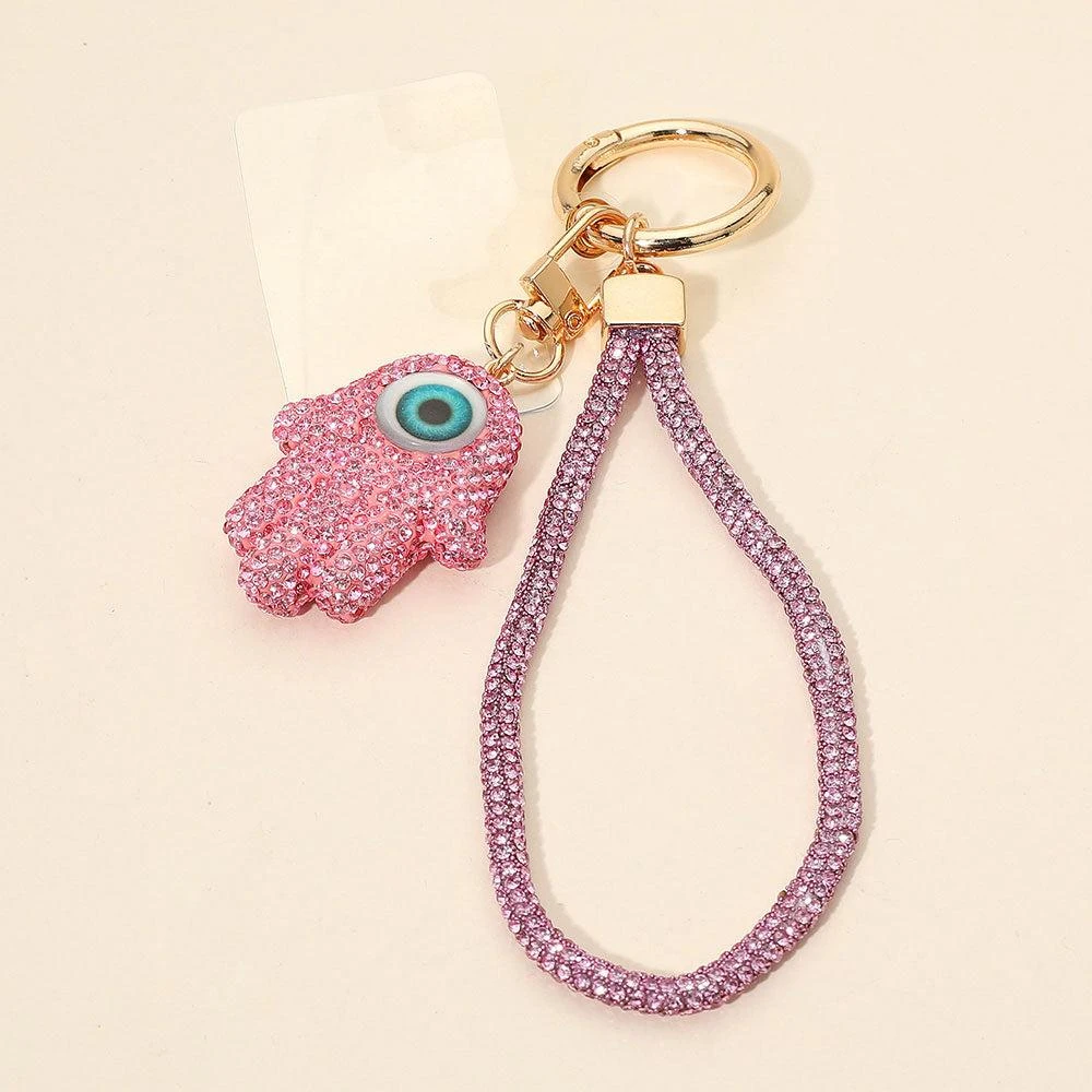 FASHNZFAB Bling Studded Evil Eye Hamsa Hand Charm Keychain Bag Charm Phone Holder
