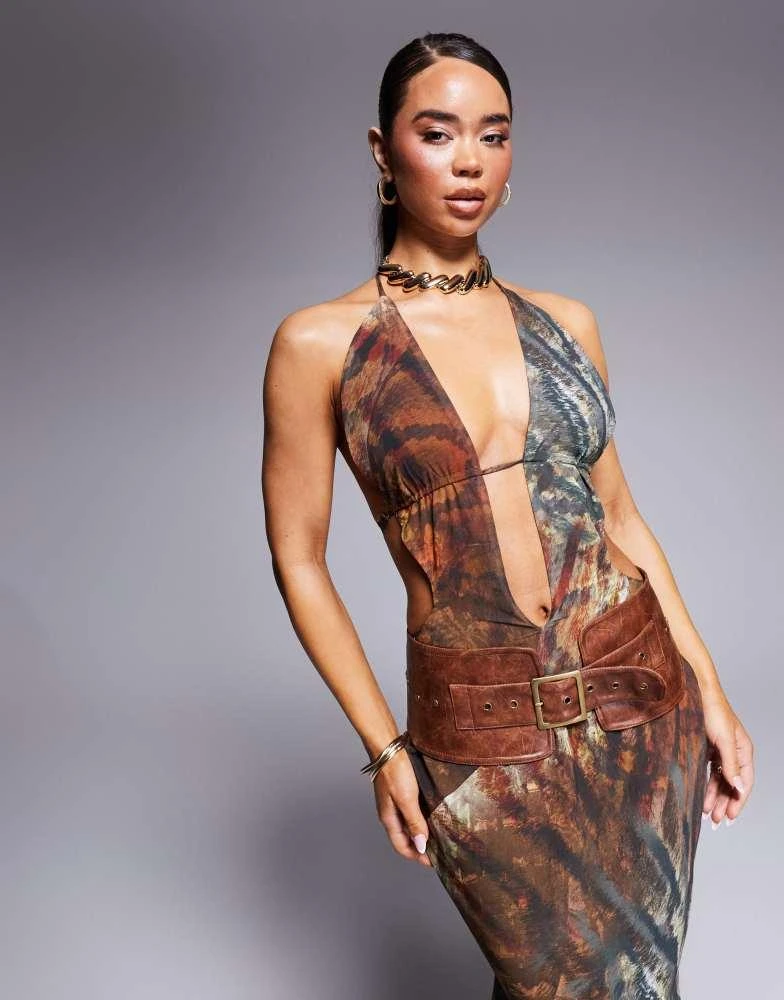 Murci Murci exclusive halterneck deep plunge maxi dress with leather look belt in snake print 3