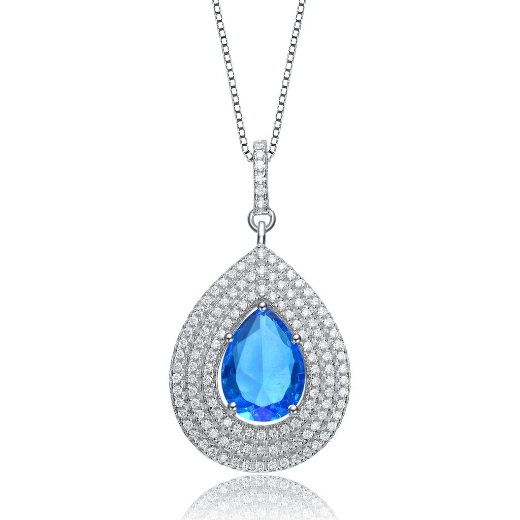 Genevive Sterling Silver Light Blue Oval Teardrop White Cubic Zirconia Pendant
