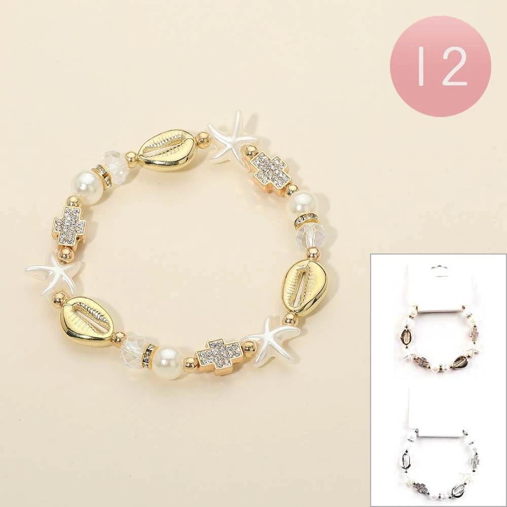 FASHNZFAB 12PCS - Shell Cross Pearl Starfish Beaded Stretch Bracelets