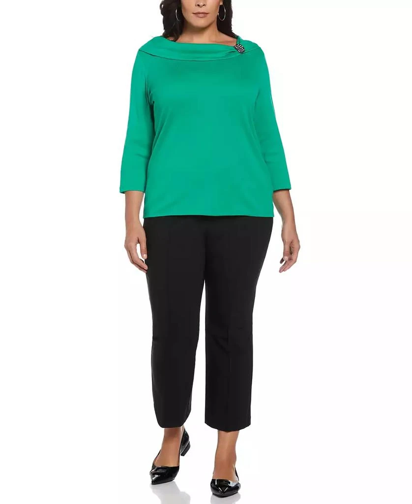 Rafaella Plus Size Ribbed Marilyn Neck 3/4 Sleeve Top with Decorative Brooch 5