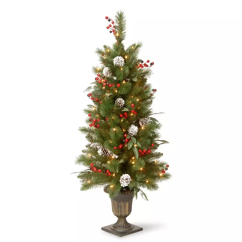 National Tree Company 4' Frosted Pine Berry Collection Entrance Tree with Cones, Red Berries & Clear Lights in Bronze Pot 1