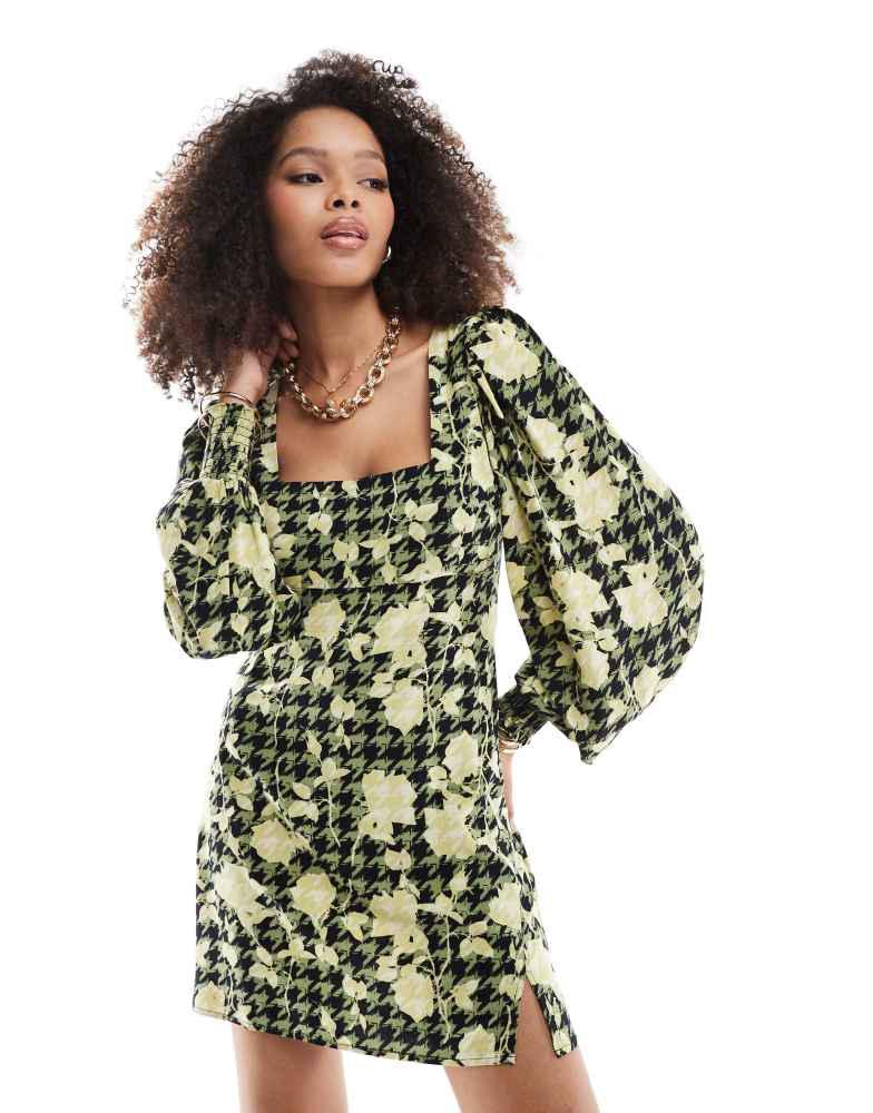 ASOS ASOS DESIGN square neck blouson sleeve mini dress in green and yellow floral print