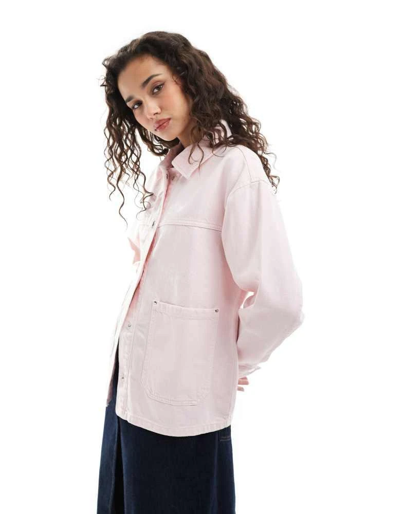 Stradivarius Stradivarius oversized denim overshirt in baby pink 3