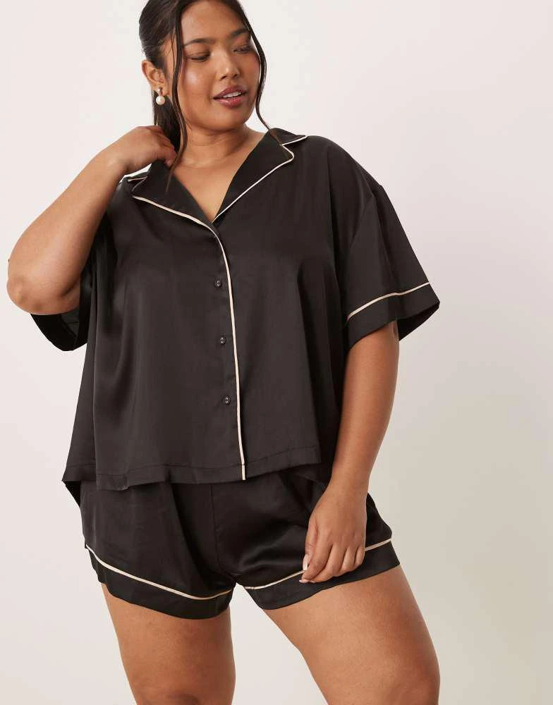 ASOS ASOS DESIGN Curve oversized satin short sleeve shirt and short pyjama set in black 3
