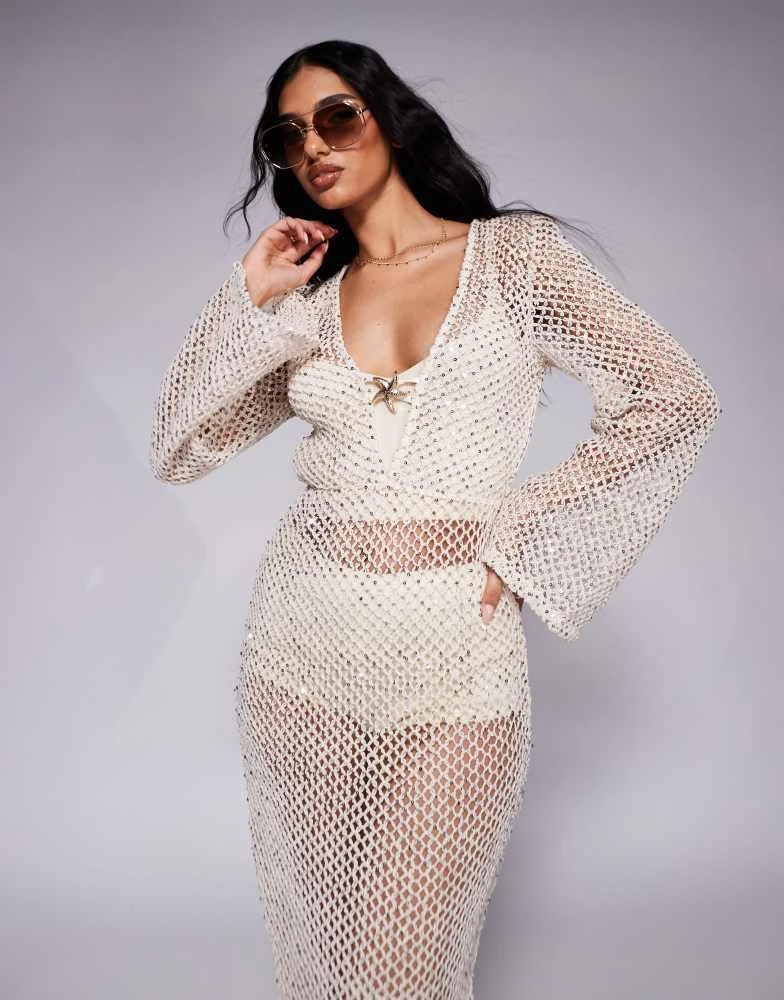 Pattern Crochet Frill Dress South Beach Silver Sequin Maxi Beach Dress In Cream On Sale Now Pattern Crochet Frill Dress South Beach Silver Sequin Maxi Beach Dress In Cream On Sale Now