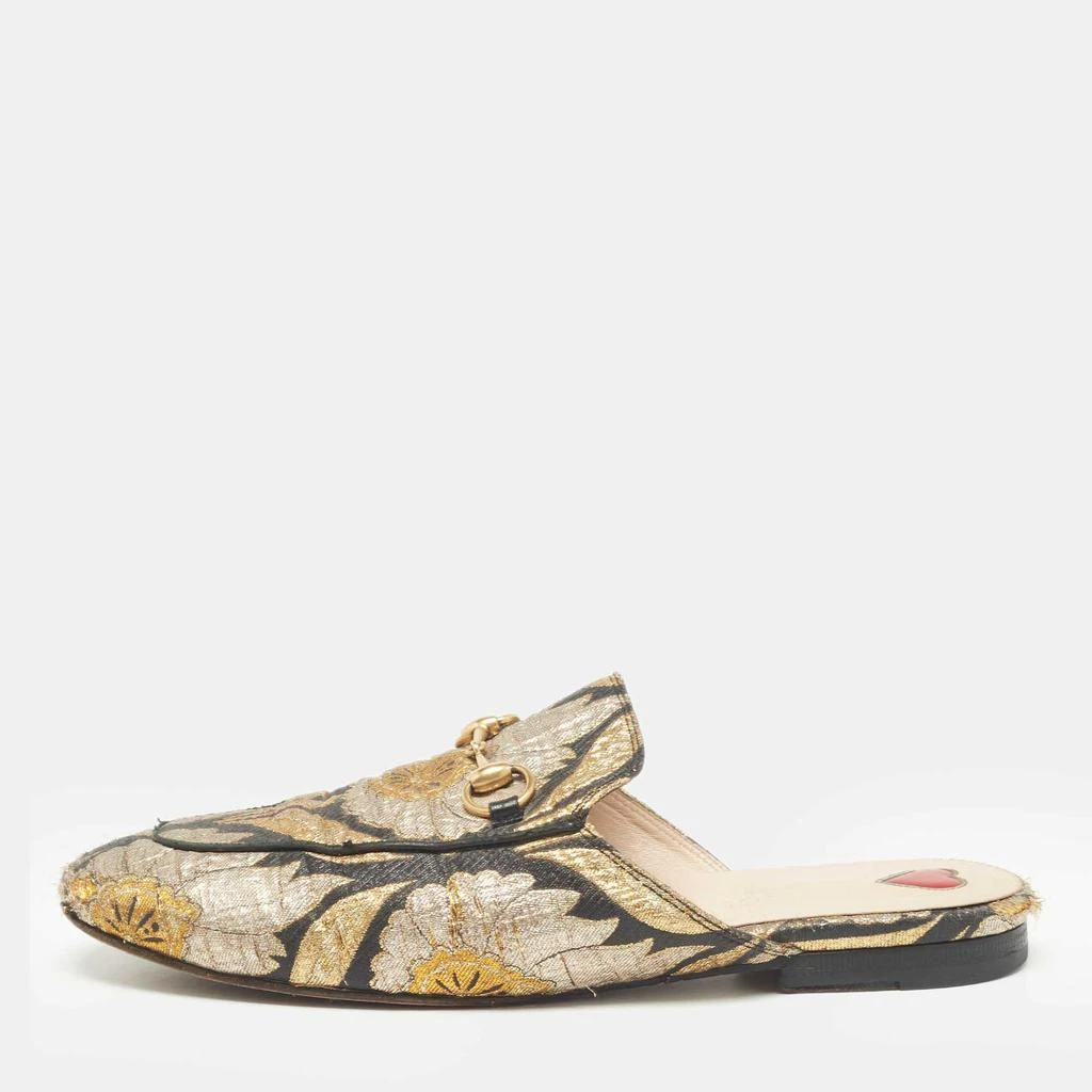 Gucci Gucci Black/Gold Brocade Fabric Princetown Flat Mules Size 37 1