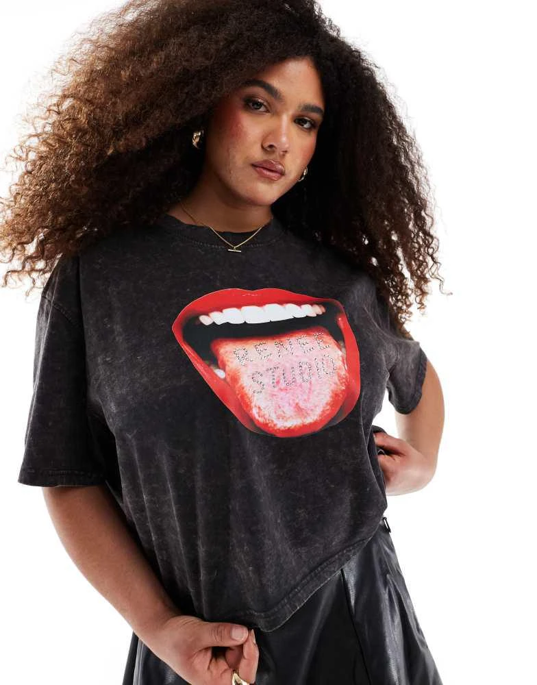 Renee Studio Renee Studio Plus x Michelle Nayla exclusive acid wash hot fix mouth motif t-shirt in grey 1