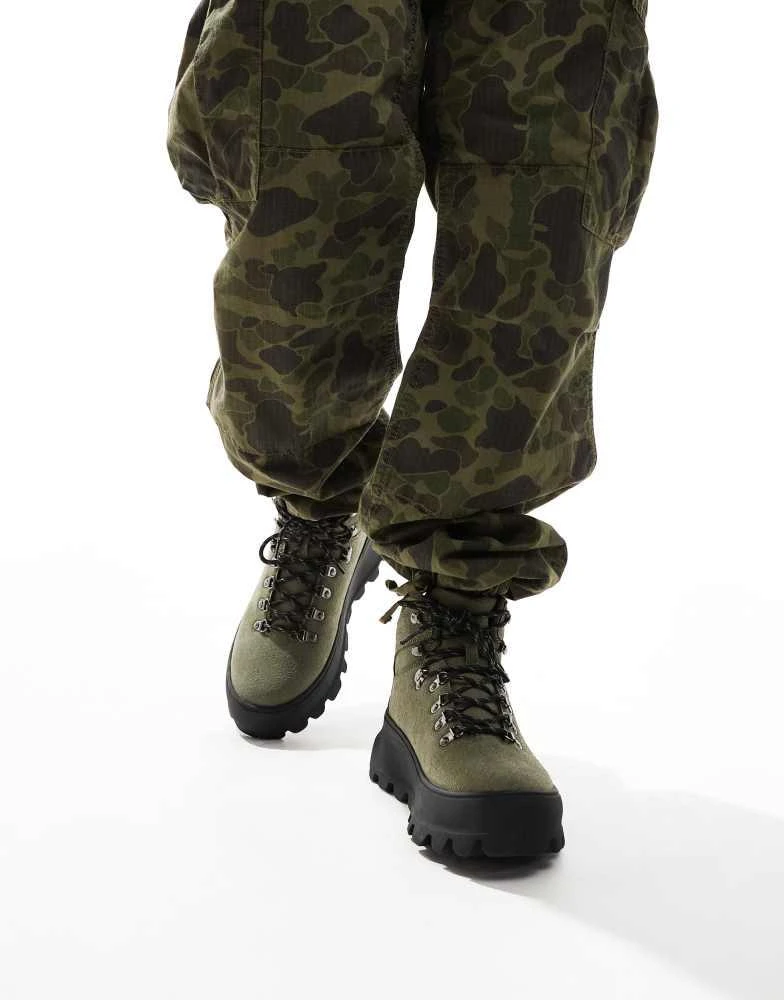 ASOS ASOS DESIGN lace up hiker boot in khaki with chunky sole 4