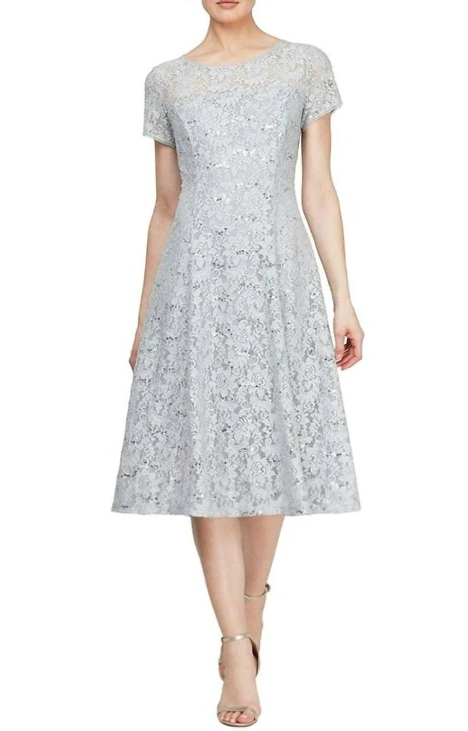 SLNY Cap Sleeve Tea Length Sequin Lace Dress In Silver - Silver - US 6 (S)