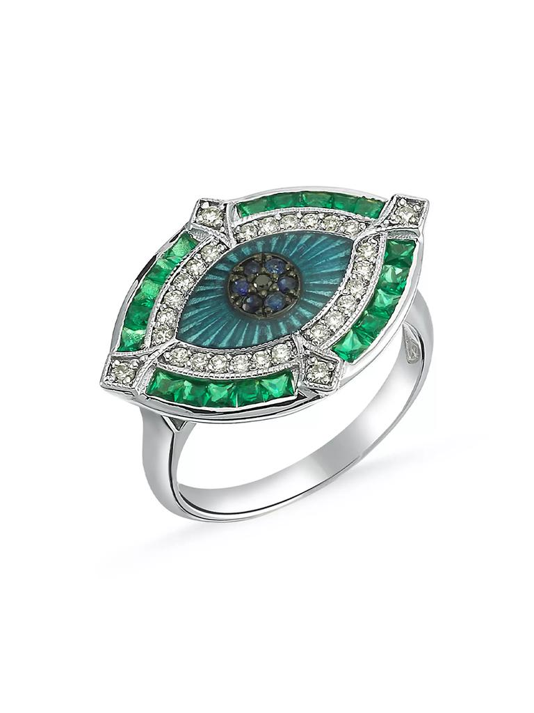 Melis Goral Guardian 14K White Gold, Diamond, Tsavorite & Blue Sapphire Ring