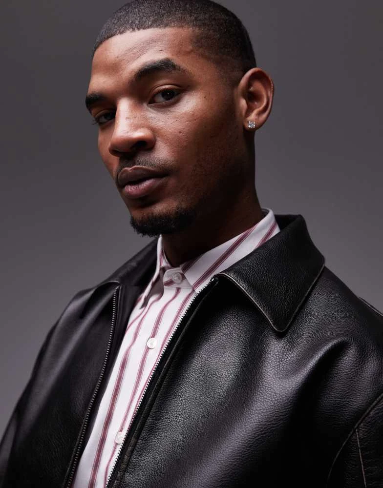 Topman Topman faux leather harrington jacket in black 2