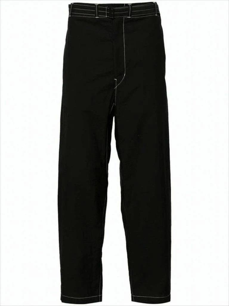 Lemaire Relaxed Fit Black Straight Pants With Belt Detail And Contrasting Stitching