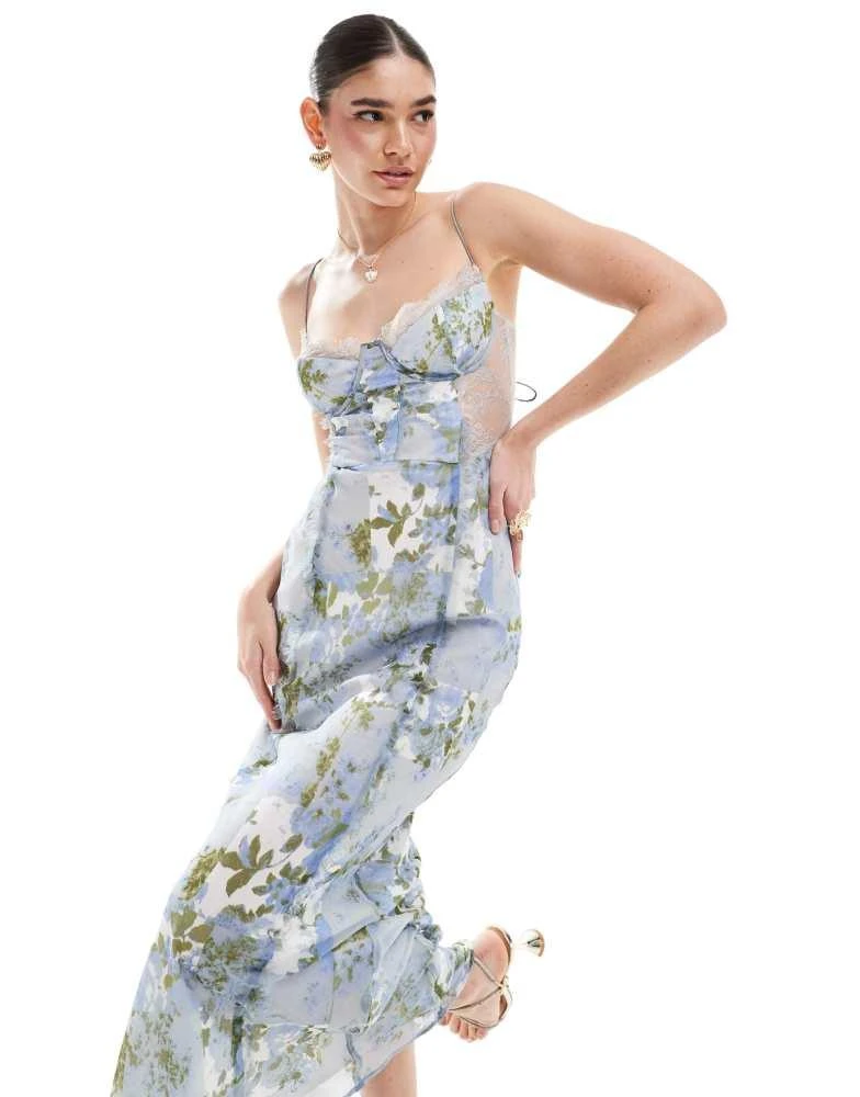 Shop ASOS DESIGN corset bias midi dress with lace insert in vintage blue  floral print on Sale at BeyondStyle  Get 20% Off ASOS DESIGN corset bias midi  dress with lace insert
