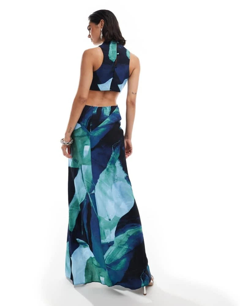 ASOS ASOS DESIGN racer neck maxi dress with twist waist detail in blue abstract print 4