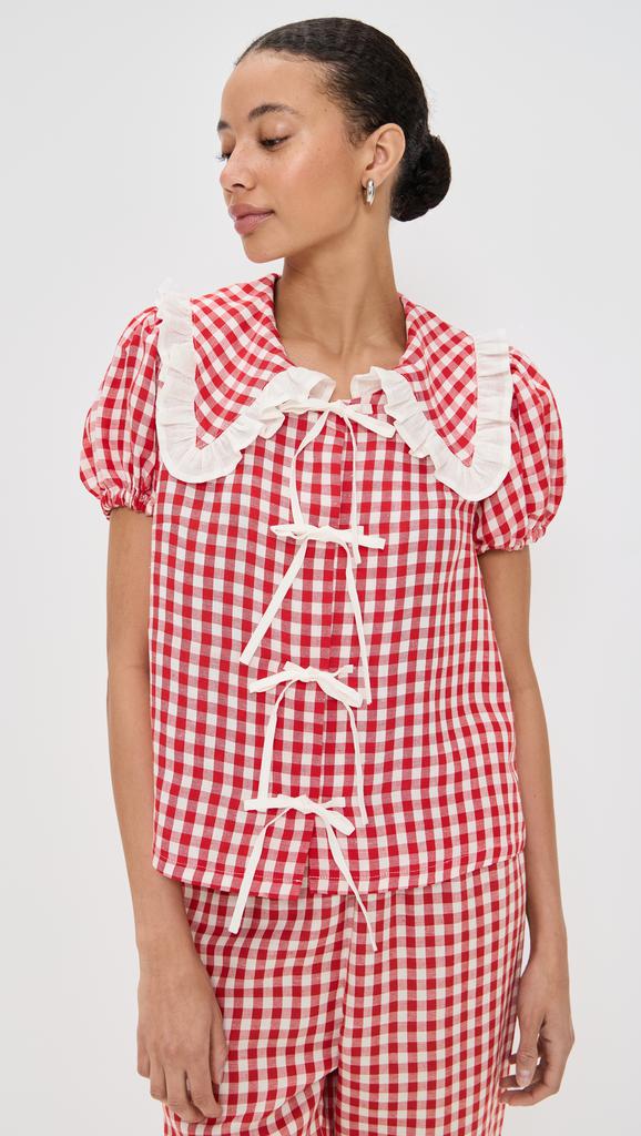 Sleeper Puff Linen Lounge Shirt in Red Vichy
