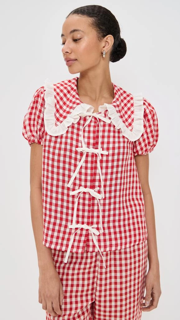 Sleeper Puff Linen Lounge Shirt in Red Vichy 1