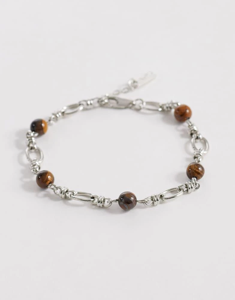ASOS ASOS DESIGN stationed semi-precious tigers eye stone and link chain bracelet in silver