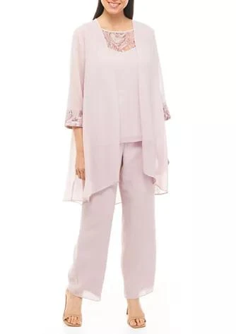 Le Bos Women's 3 Piece 3/4 Sleeve Solid Duster Pant Set with Embroidered Trim on Shell 1