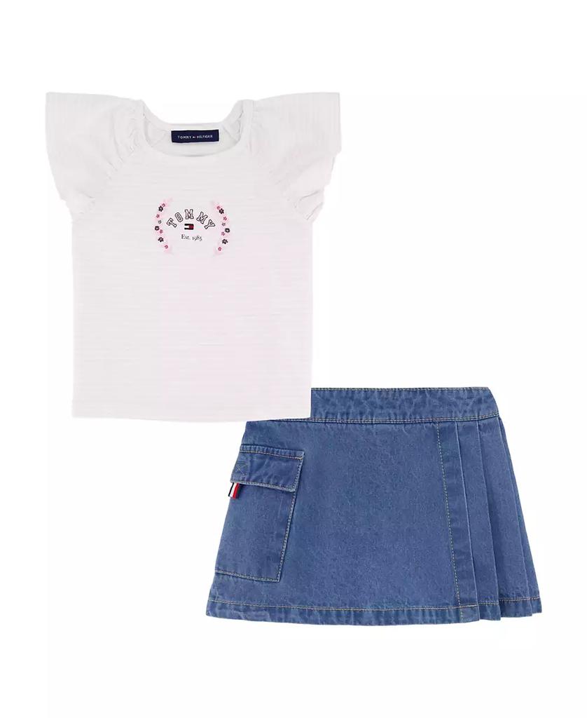 Tommy Hilfiger Toddler and Little Girls 2-Piece Printed Flutter Sleeve Top and Denim Pleated Skirt