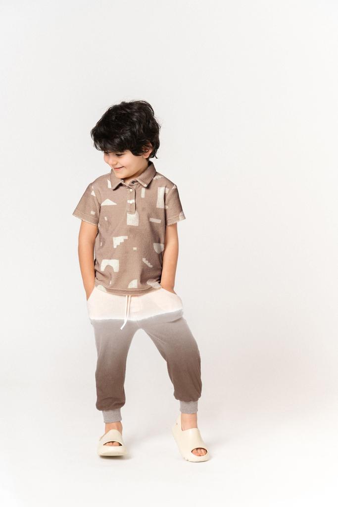 Omamimini Boys Terry Polo Shirt with Geo Print