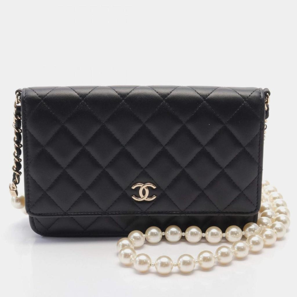 Chanel Chanel Black Lambskin Leather Pearl Wallet on Chain