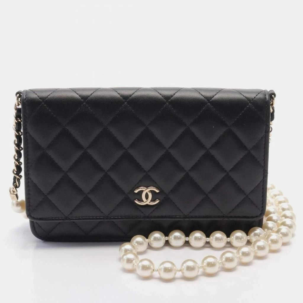 Chanel Chanel Black Lambskin Leather Pearl Wallet on Chain 1
