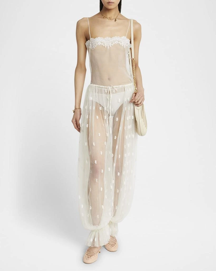 Chloé Embroidered Tulle Wide-Leg Ruffle Trousers 2
