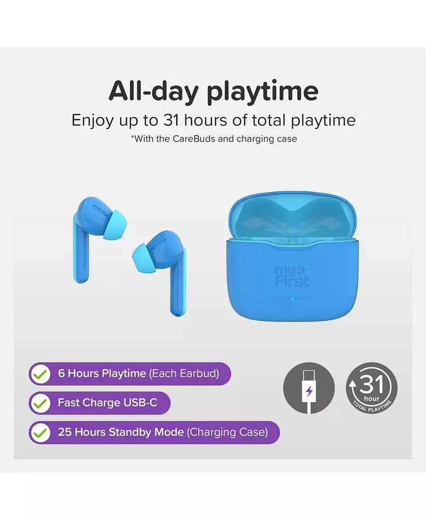 myFirst 85dB Volume Limit, Built-in Mic, 6 Ear Tips, Anti-Lost Strap Easy Pairing, Gift for Kids 4-15 CareBuds Kids Wireless Earbuds 6