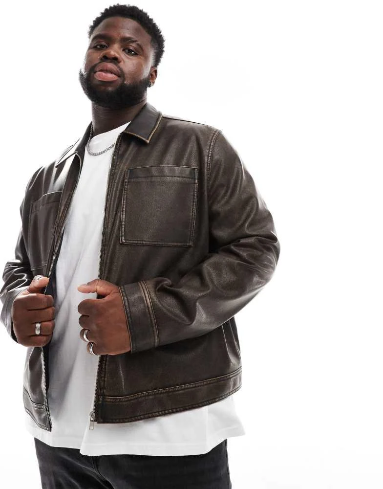ASOS ASOS DESIGN faux leather harrington jacket in washed brown 2