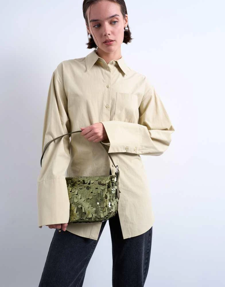 Topshop Topshop Sol shoulder sequin bag with leather handle in khaki 1