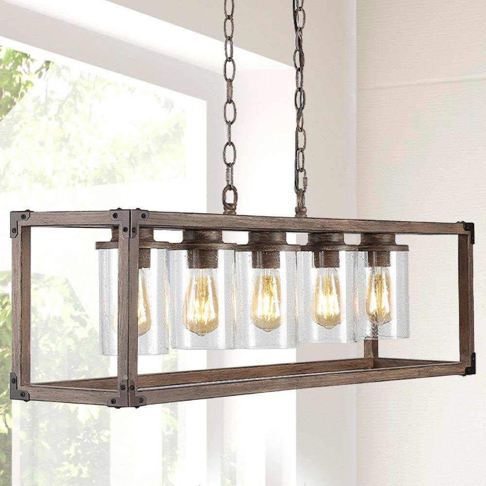 JONATHAN Y Zeniba  36" 5-Light Linear Adjustable Iron/Seeded Glass Rustic Farmhouse LED Pendant
