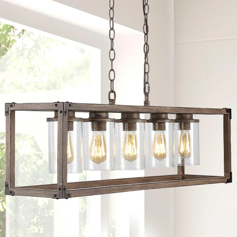 JONATHAN Y Zeniba  36" 5-Light Linear Adjustable Iron/Seeded Glass Rustic Farmhouse LED Pendant 1