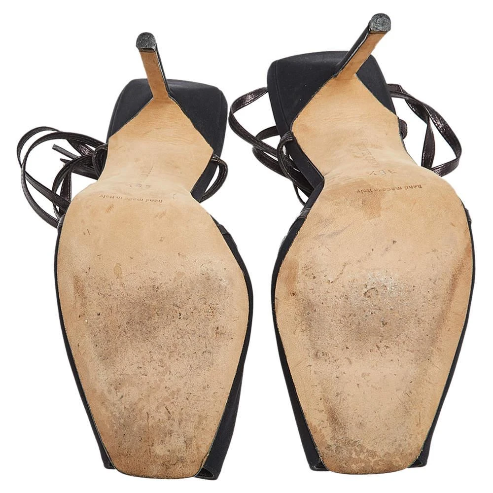 Manolo Blahnik Manolo Blahnik Black/Plum Satin and Leather Square Peep-Toe Ankle-Tie Sandals Size 38.5 6