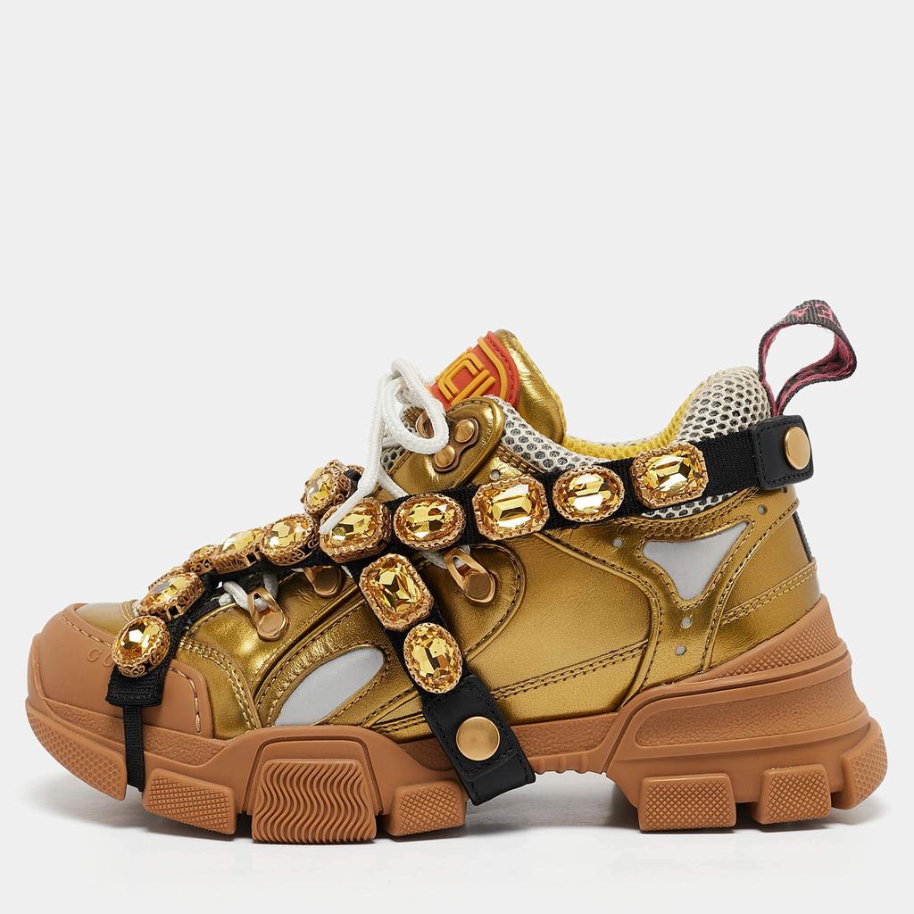 Gucci Gold Leather and Mesh Flashtrek Sneakers Size 35 – On Sale