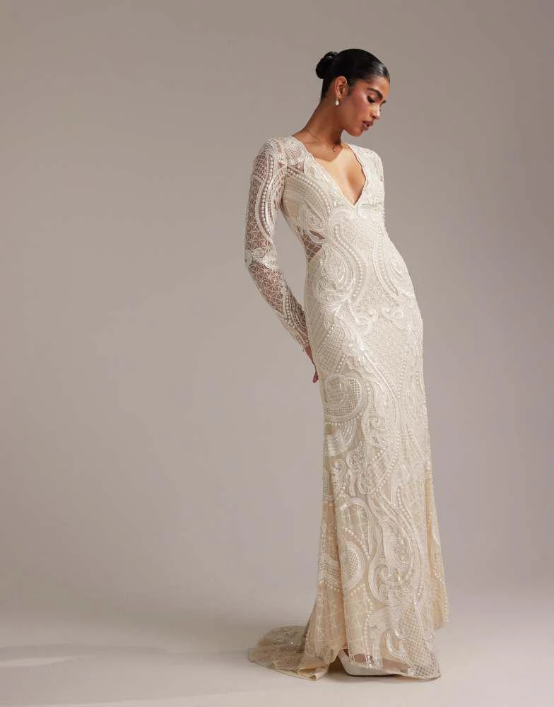 ASOS ASOS DESIGN embroidered plunge long sleeve maxi wedding dress in ivory 5