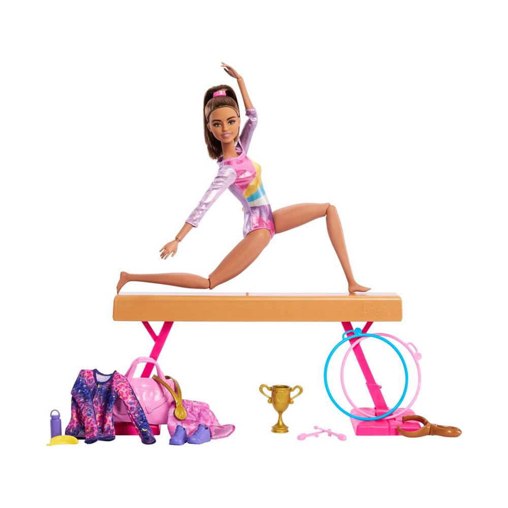 Barbie Gymnastics Play Set with Brunette Fashion Doll, Balance Beam, 10 Plus Accessories and Flip Feature