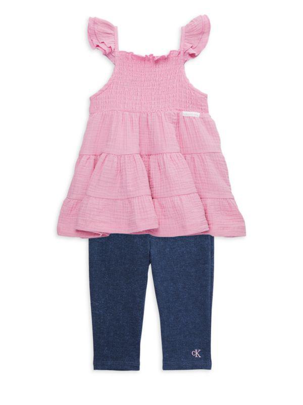 Calvin Klein Little Girl's 2-Piece Smocked Top & Pants Set