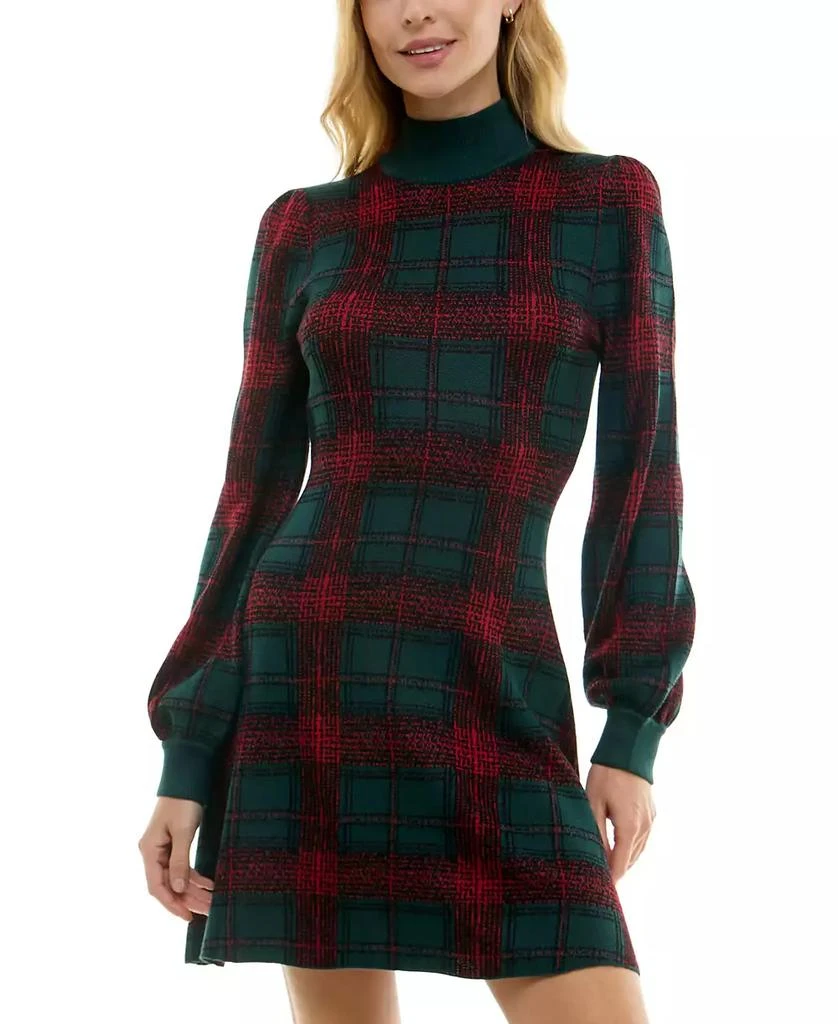 Crystal Doll Juniors' Plaid Turtleneck Blouson-Sleeve Sweater Dress 1
