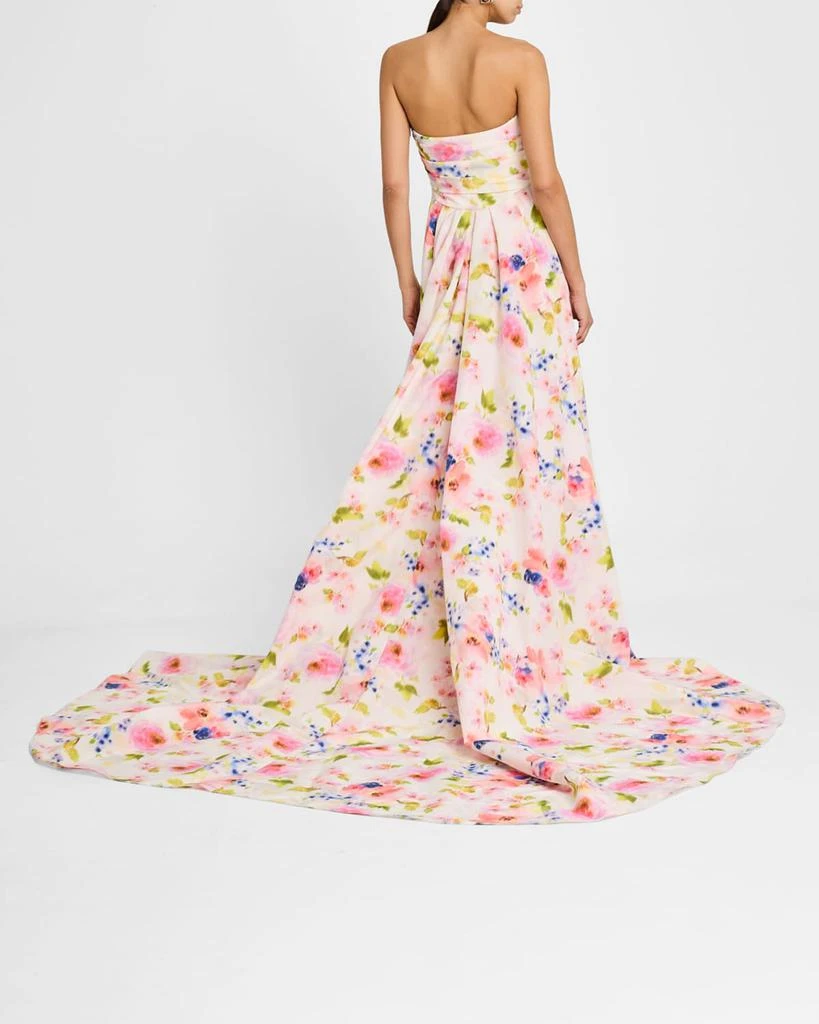 Pamella Roland Strapless White Multi Floral Taffeta Overskirt-Train Gown 3