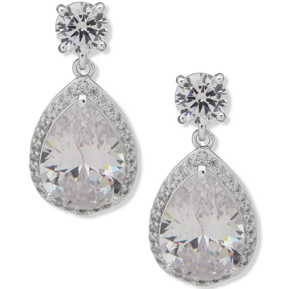 Anne Klein Silver-Tone Pear-Shape Crystal Halo Drop Earrings