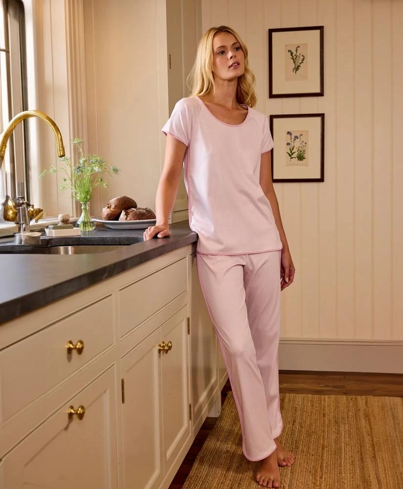 Brooks Brothers Brooks Brothers X LAKE Women's Short-Sleeve Pajamas Set in Classic Pink Oxford Stripe 5