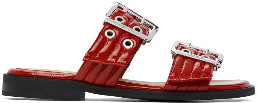 Ganni Red Feminine Buckled Mule Heeled Sandals - Shoes