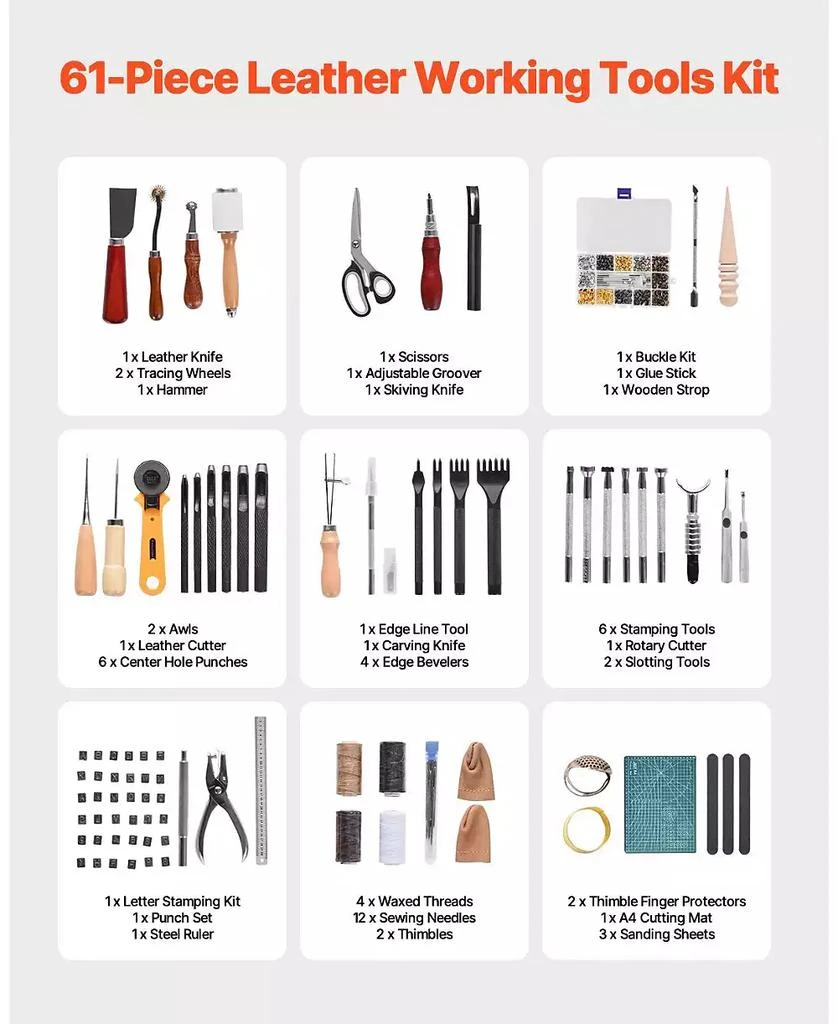 Mecale Leather Working Tools Kit, 61-Piece Leather Craft Set w/ Canvas Storage Bag, Punching, Sewing, Stamping
Sanding 4