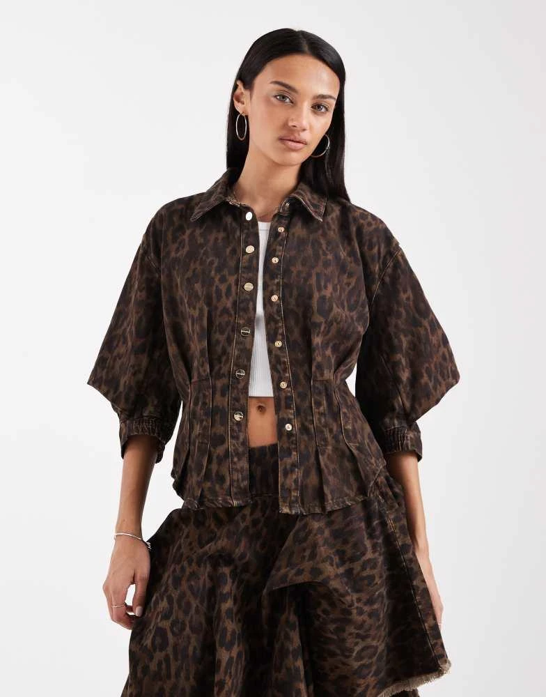 ALL SAINTS AllSaints nancy balloon sleeve leopard print denim top in brown 2