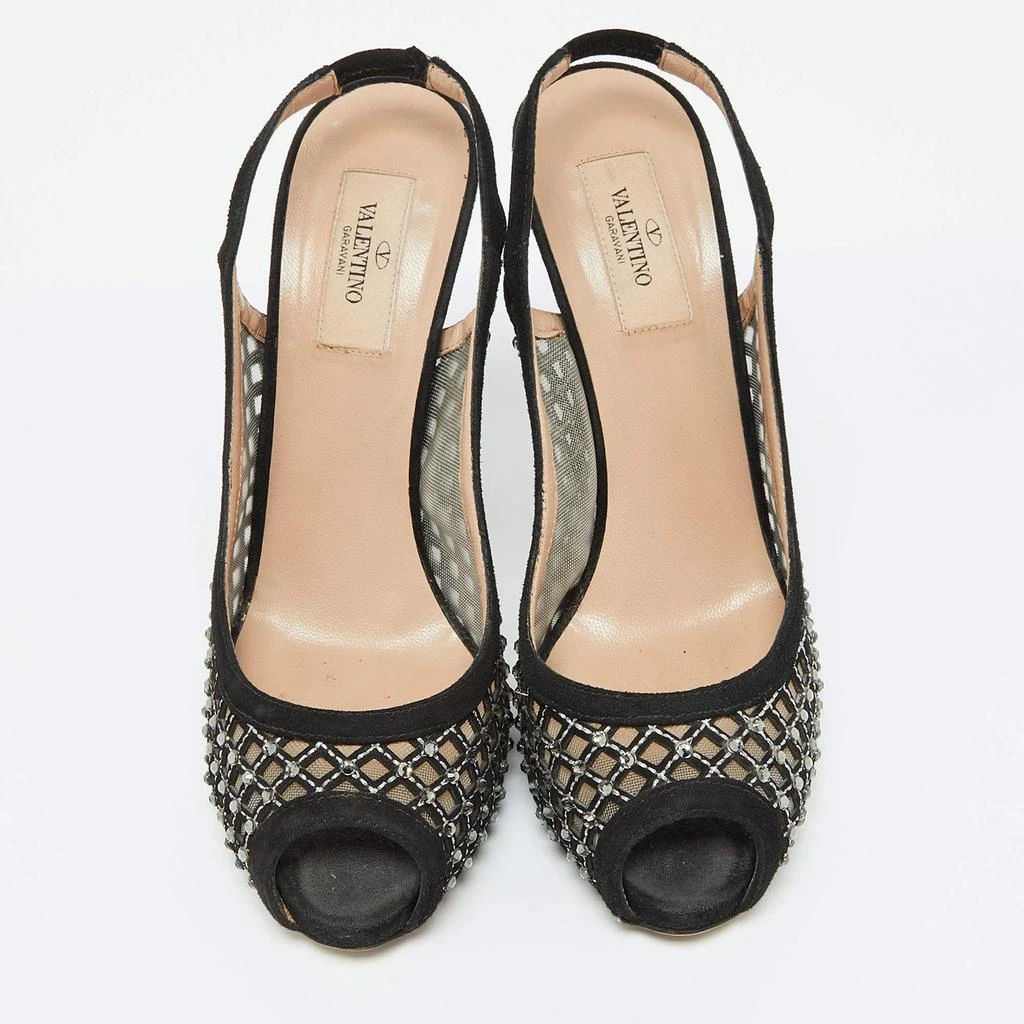 Valentino Valentino Black Mesh and Suede Crystal Embellished Peep Toe Pumps Size 38.5 3