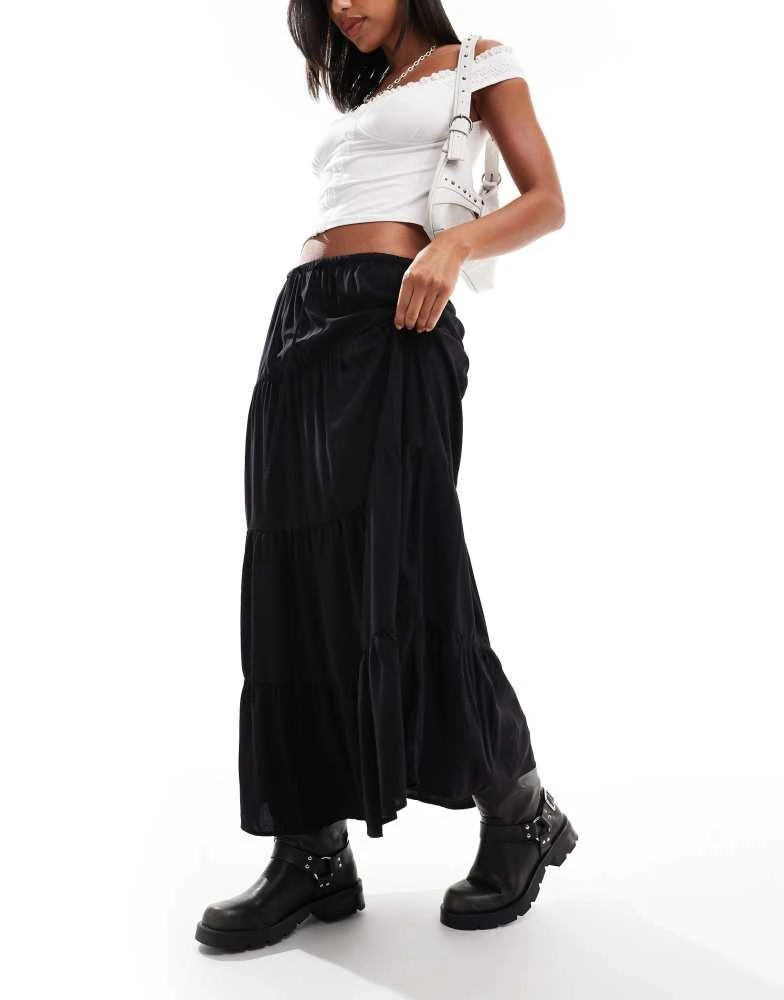 Bershka Bershka tiered maxi skirt in black 2
